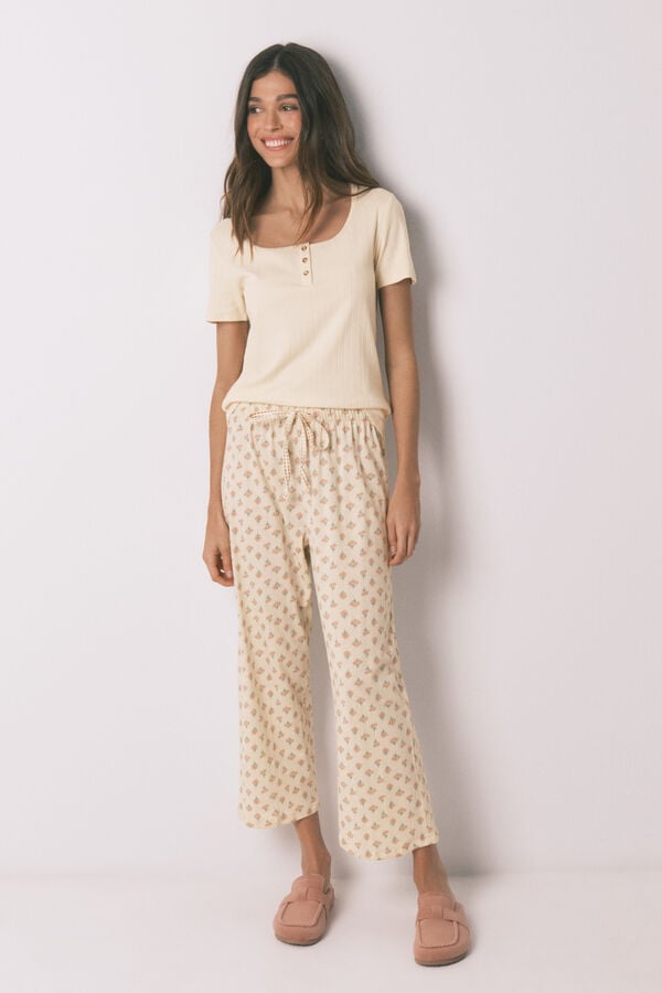 Women'secret Pijama capri em algod&atilde;o estampado de flores amarelo bege