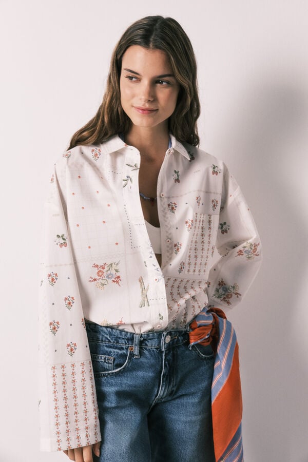 Women'secret Camisa de manga comprida em popelina com estampado floral branco