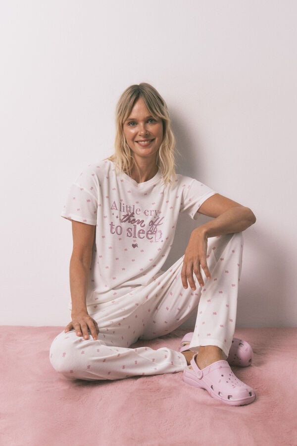 Women'secret Long pyjamas with short waffle fabric T-shirt white