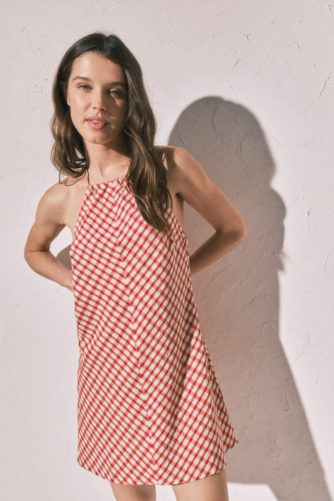 Women'secret Vestido corto estampado cuadro vichy rojo