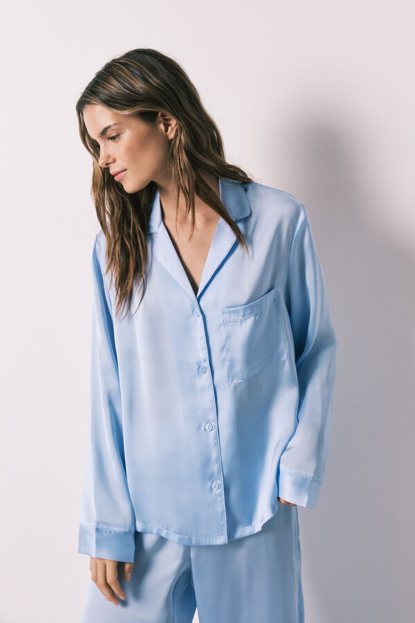 Women'secret Pijama camiseiro comprido em cetim azul azul