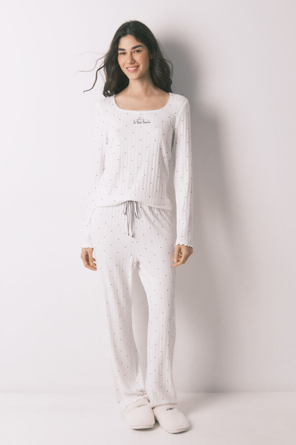 Women'secret Pijama comprido canelado estampado de estrelas branco bege