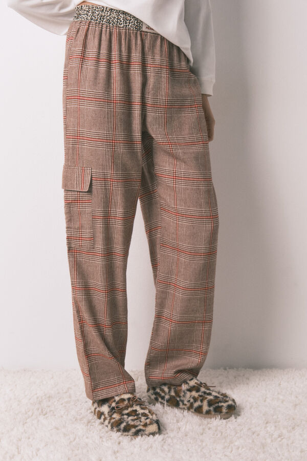 Women'secret Pijama longo 100% algodão estampado xadrez Snoopy bege