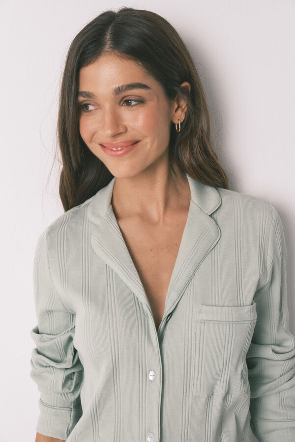 Women'secret Pijama camiseiro comprido em algod&atilde;o canelado verde verde