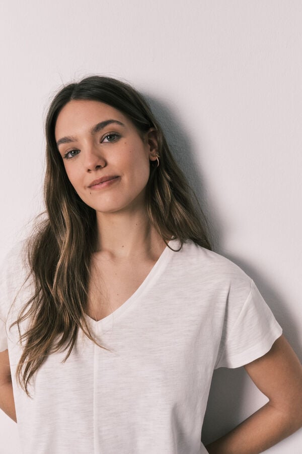 Women'secret Pijama curto em algod&atilde;o e viscose &agrave;s riscas bege