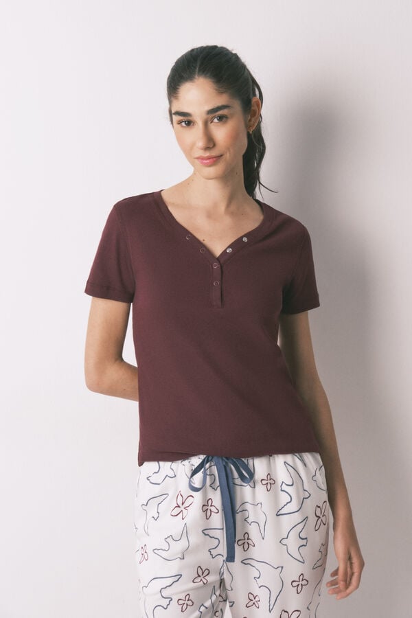 Women'secret T-shirt manga curta em algod&atilde;o canelado bord&ocirc; vermelho