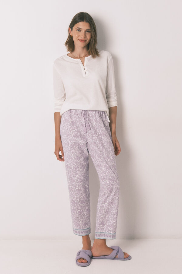 Women'secret Calça comprida cenoura 100% algodão lilás rosa