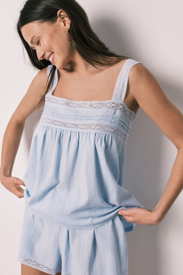 Women'secret Pijama curto em algod&atilde;o e renda azul azul
