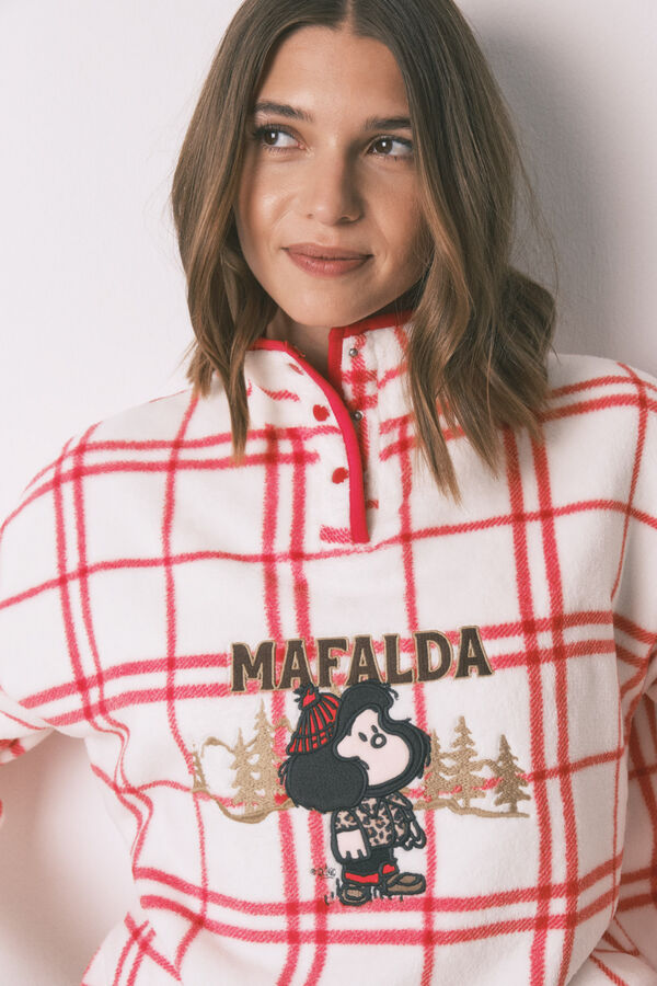 Women'secret Pijama longo de lã xadrez branco Mafalda bege