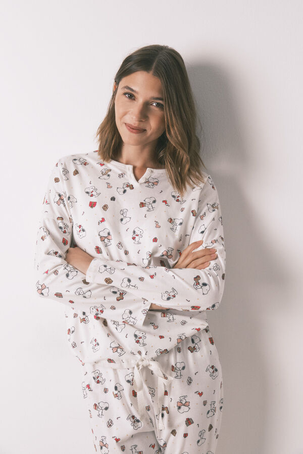 Women'secret Pijama longo 100% algod&atilde;o branco Snoopy bege