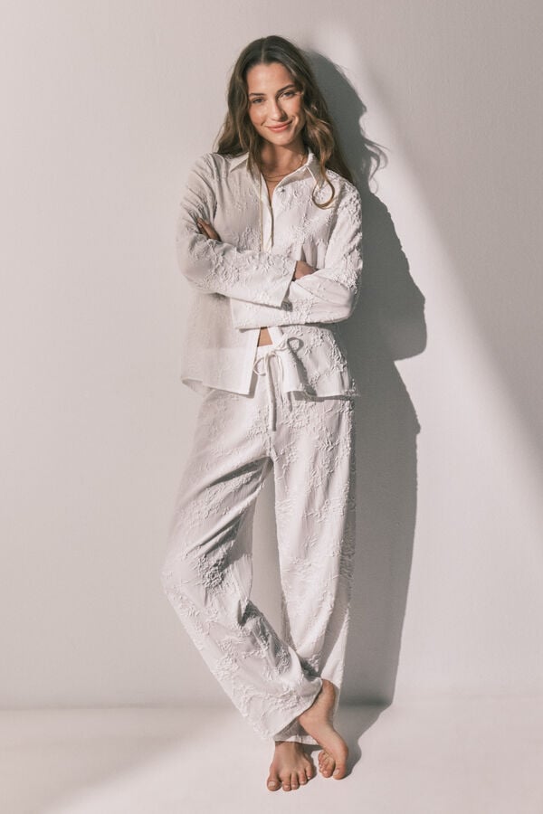 Women'secret Pijama de camisa comprida cetim branco bege