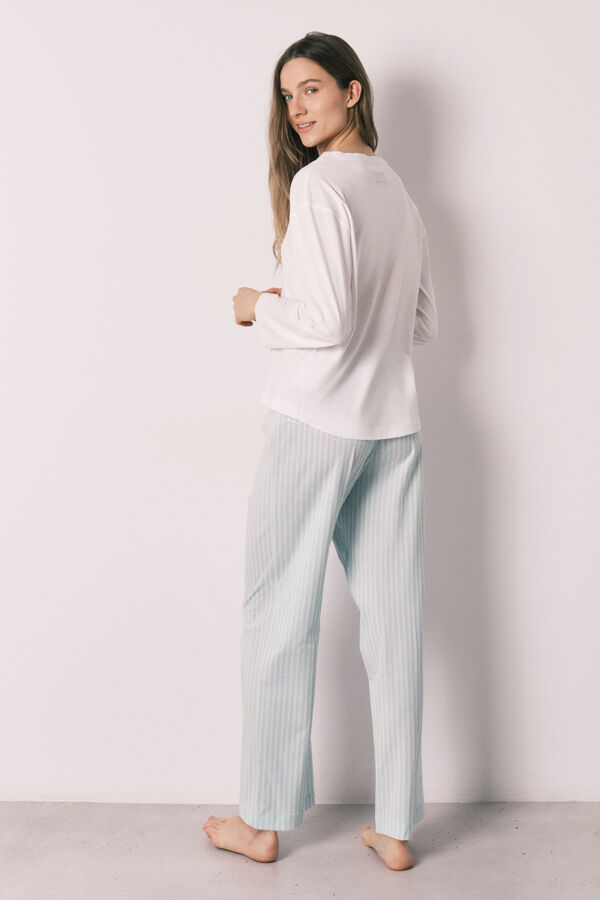 Women'secret Pijama comprido em algod&atilde;o com cal&ccedil;as &agrave;s riscas verde bege