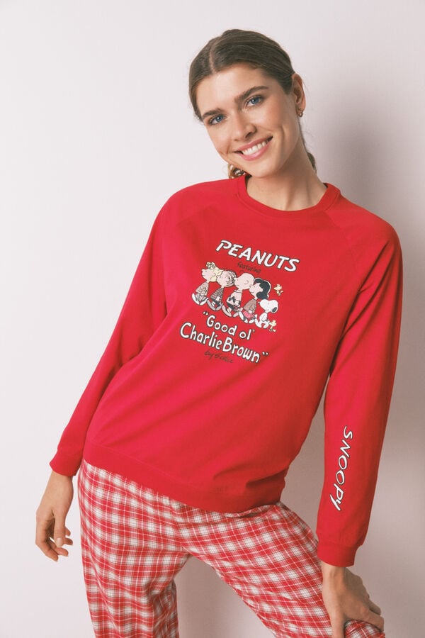 Women'secret Pijama longo 100% algodão estampado xadrez vermelho Snoopy vermelho
