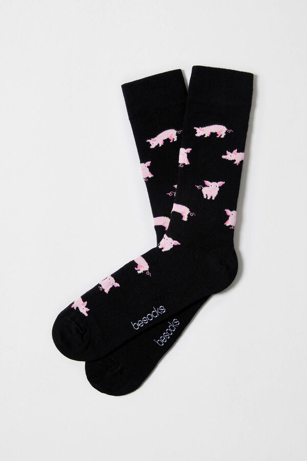 Besocks Meias altas estampado de porquinhos em algod&atilde;o org&acirc;nico preto