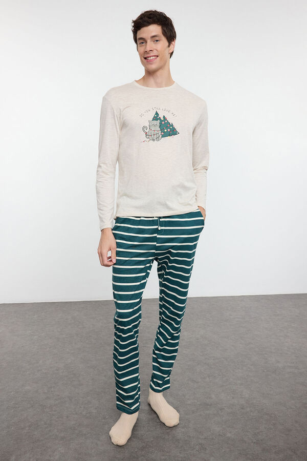 Trendyol Conjunto de pijama de casal bege de Natal com riscas, corte regular  bege