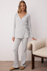 Trendyol Conjunto de pijama cinza mesclado com gola cruzada e detalhe de laço  cinzento