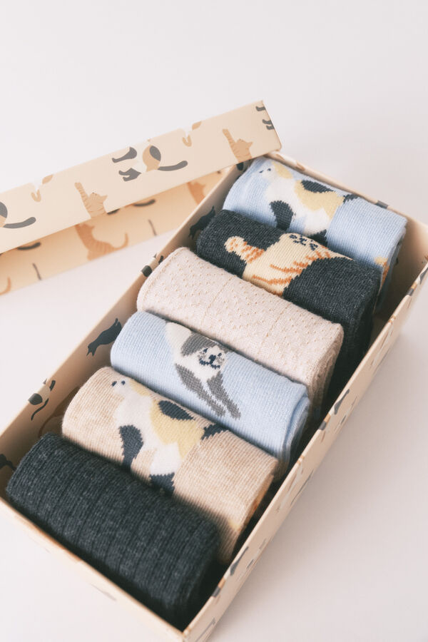 Women'secret Pacote de 6 meias longas de algod&atilde;o com gatos   azul