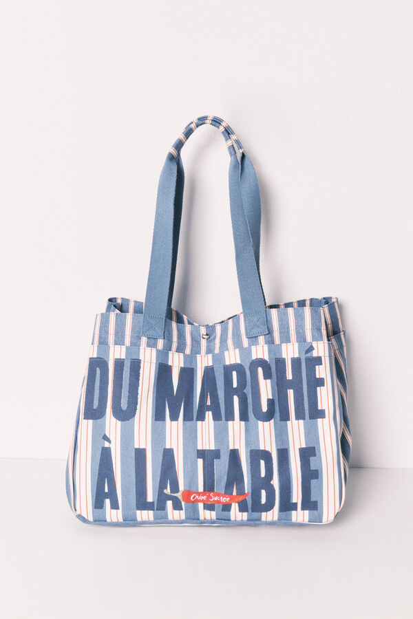 Women'secret Mala tote bag em algod&atilde;o estampado &agrave;s riscas azul