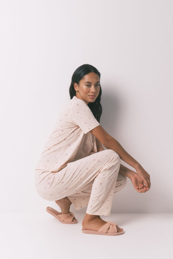 Women'secret Pijama camiseiro longo 100% algod&atilde;o com estampa floral  rosa