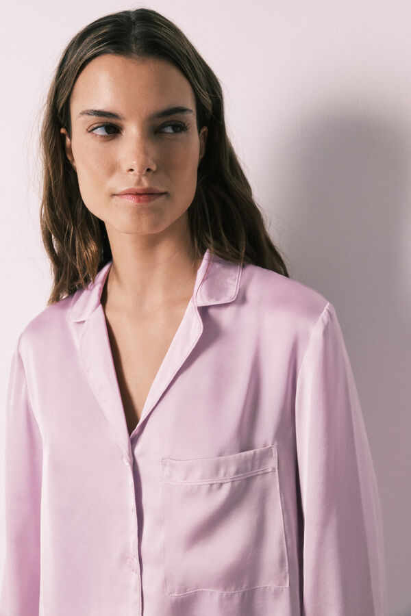 Women'secret Pijama camiseiro comprido em cetim lil&aacute;s rosa