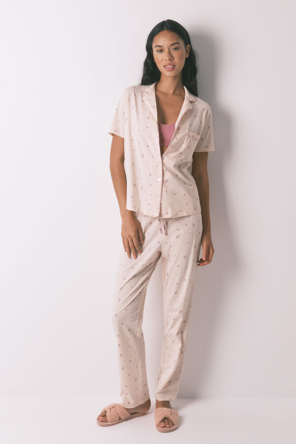 Women'secret Pijama camiseiro longo 100% algod&atilde;o com estampa floral  rosa