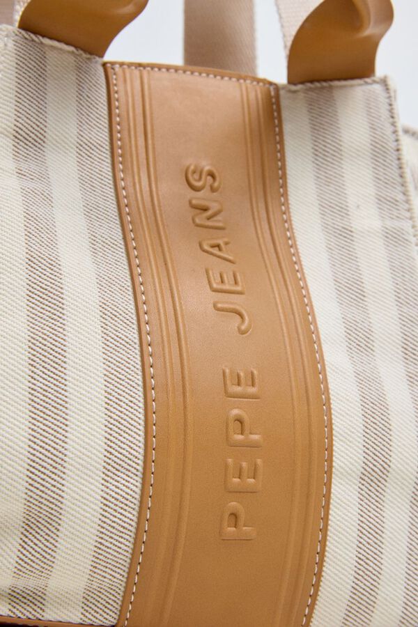 Pepe Jeans Mala de m&atilde;o em lona &agrave;s riscas bege