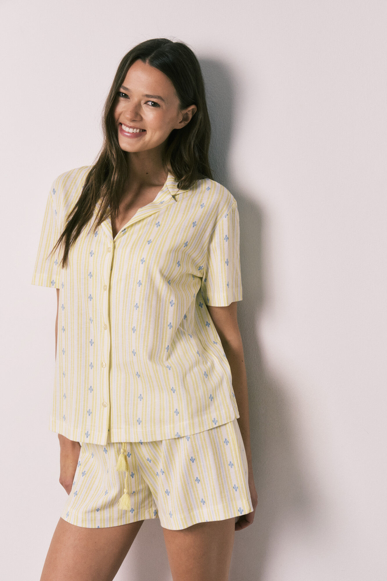Women'secret Pijama corto camisero algod&oacute;n amarillo