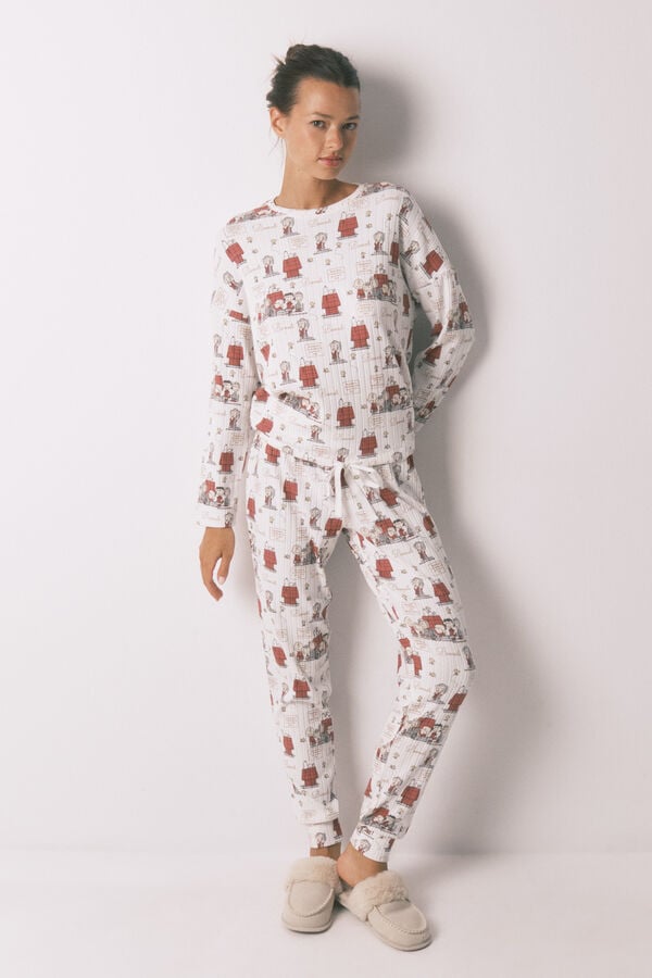 Women'secret Pijama longo em canelada extrassuave branco do Snoopy bege