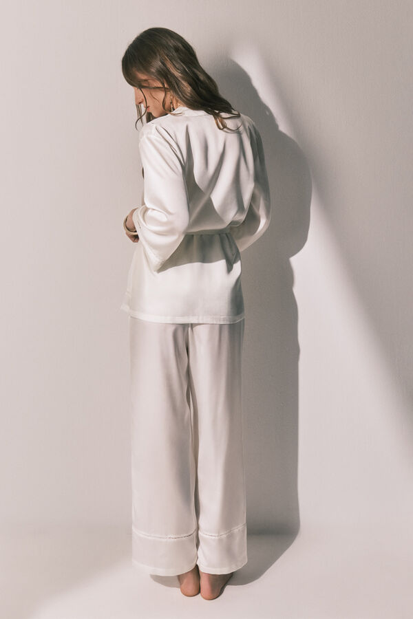 Women'secret Conjunto pijama comprido e robe cetim branco bege
