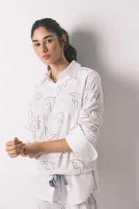 Women'secret Pijama comprido canelado estampado de p&aacute;ssaros branco