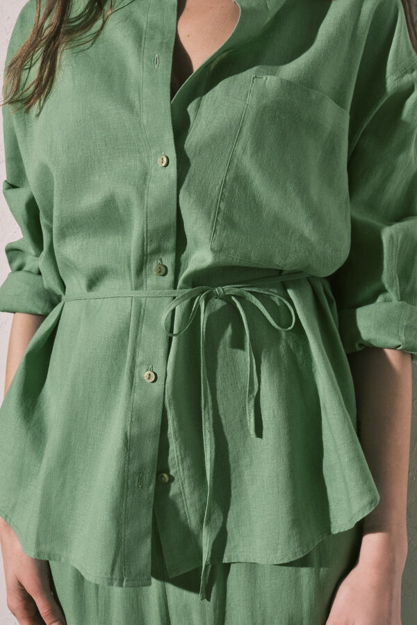 Women'secret Camisa de manga comprida em linho verde verde