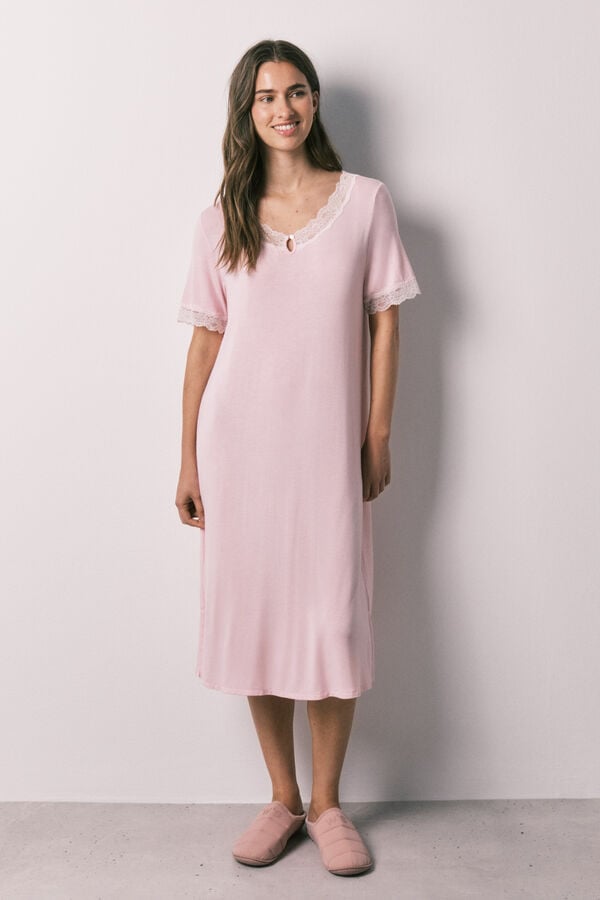 Women'secret Camisa de dormir midi em viscose e renda rosa rosa