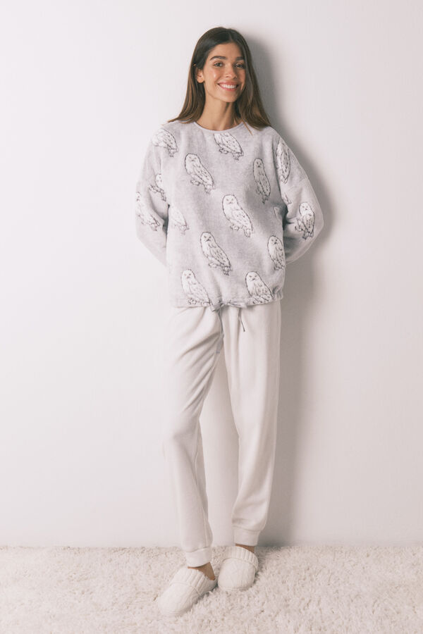Women'secret Pijama comprido polar suave estampado "Hedwig" bege