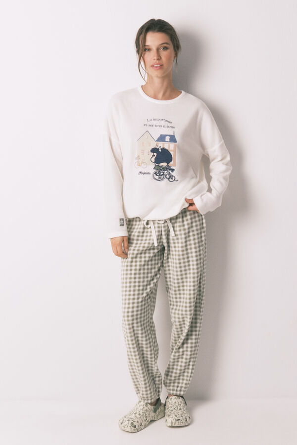 Women'secret Pijama comprido longo de polar Mafalda com xadrez xadrez bege