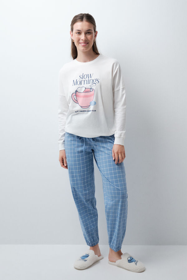 Women'secret Pijama comprido em algod&atilde;o Snoopy aos quadrados bege