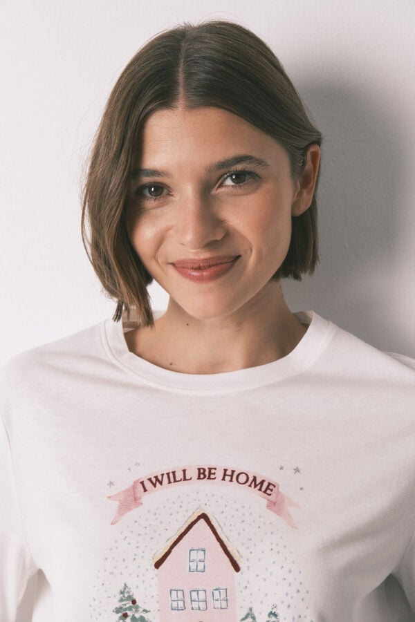 Women'secret T-shirt branca de manga comprida de Natal 100% algodão  branco