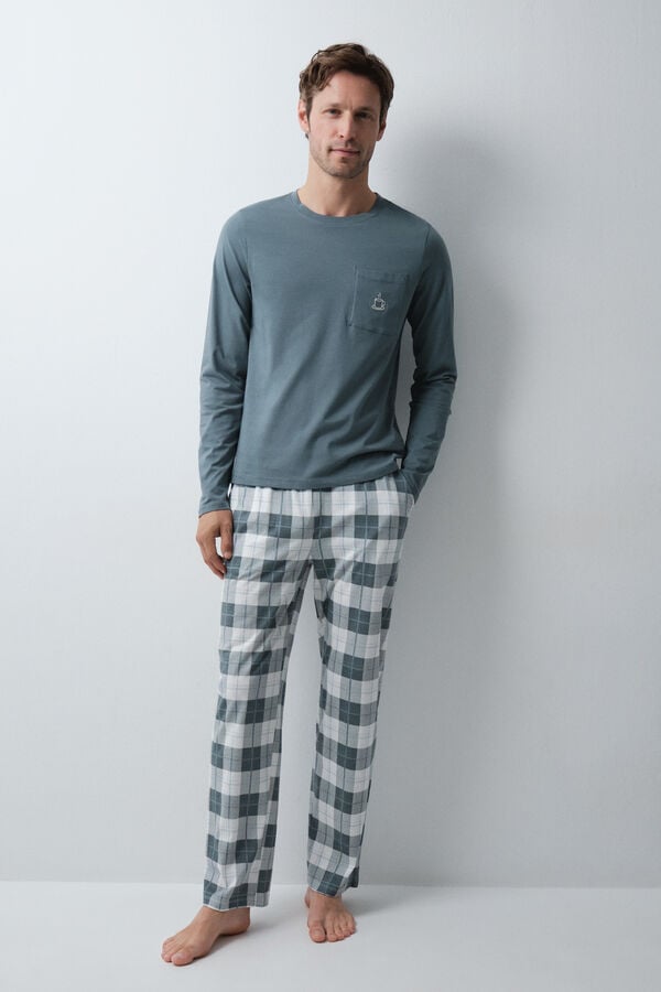 Women'secret Pijama comprido em algod&atilde;o verde aos quadrados verde