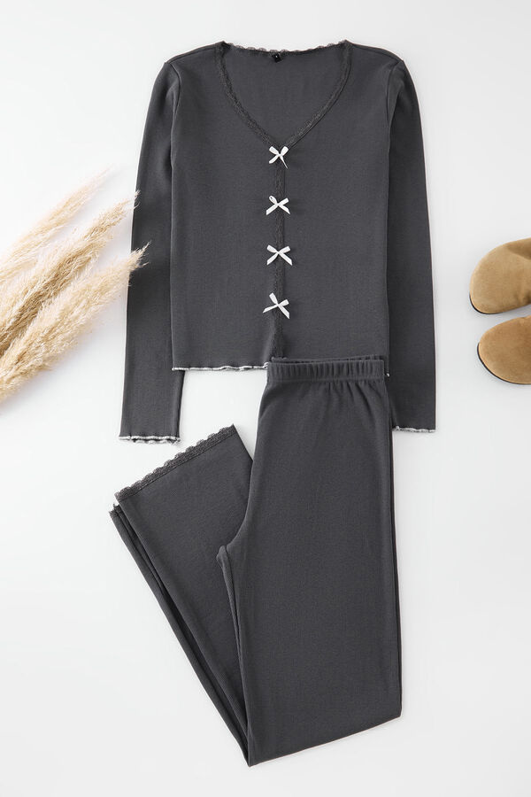 Trendyol Conjunto de pijama de algodão canelado com detalhes de renda cinzento