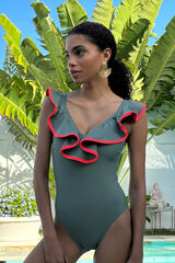 Gogana Fato de banho com folho decote em V verde