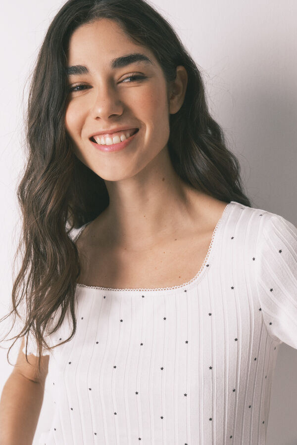 Women'secret Pijama canelado estampado de estrelas branco bege