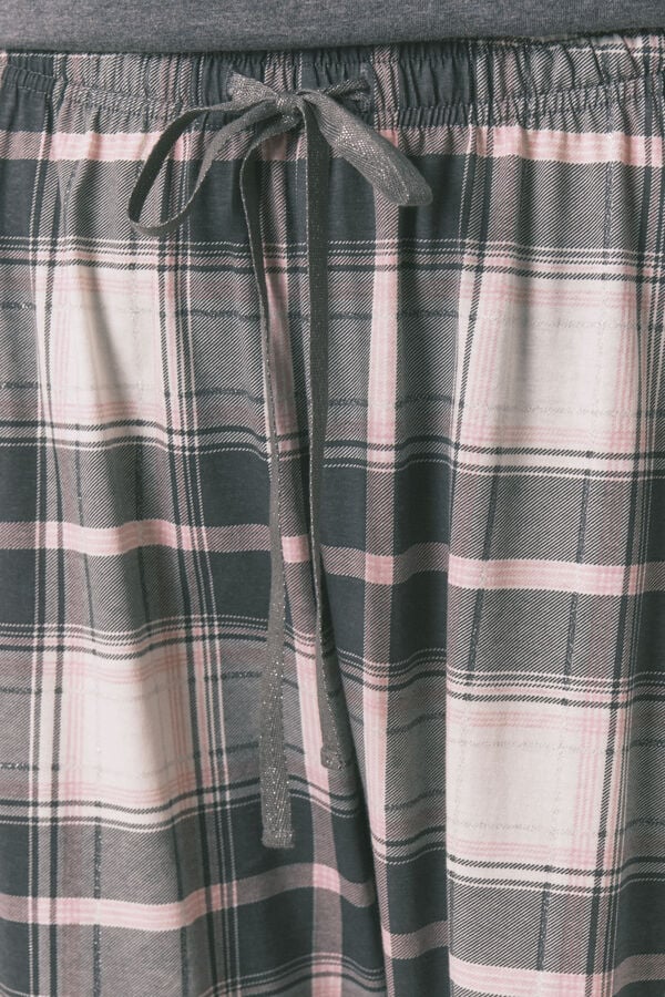 Women'secret Pijama comprido 100% algod&atilde;o cinzento xadrez Stitch cinzento