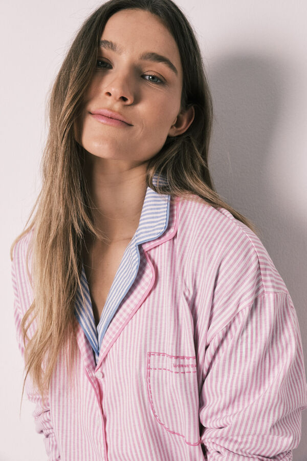 Women'secret Pijama camiseiro comprido &agrave;s riscas em algod&atilde;o rosa rosa