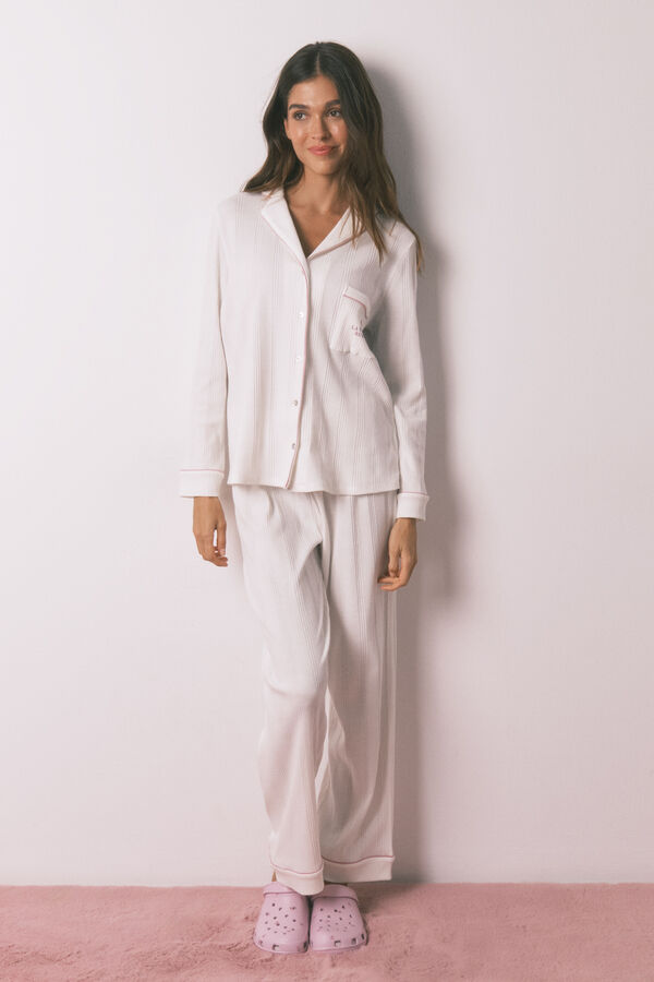 Women'secret Pijama camiseiro riscas branca bege