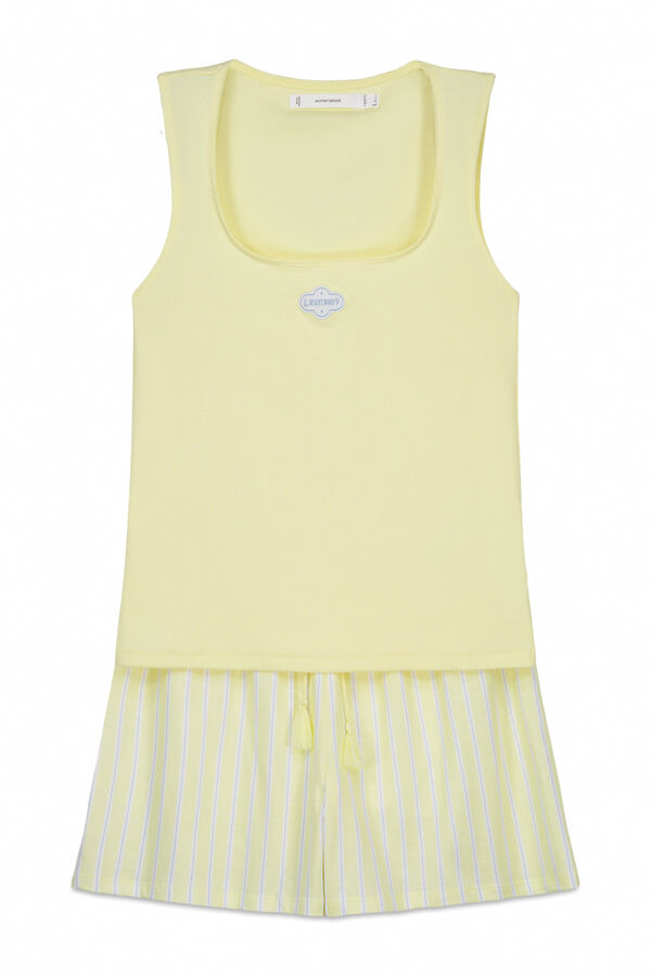 Women'secret Pijama curto em algod&atilde;o amarelo decote quadrado estampado
