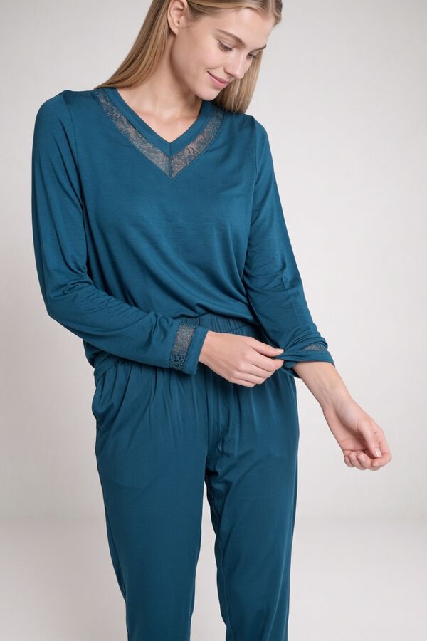 Gisela Pijama comprido com detalhes de renda azul