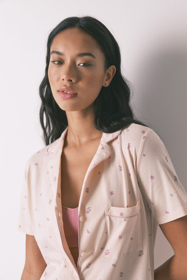 Women'secret Pijama camiseiro longo 100% algod&atilde;o com estampa floral  rosa