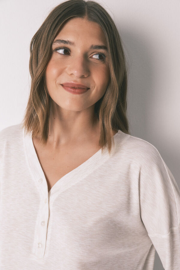 Women'secret T-shirt de manga manga waffle marfim bege