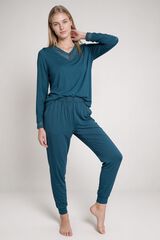 Gisela Pijama comprido com detalhes de renda azul