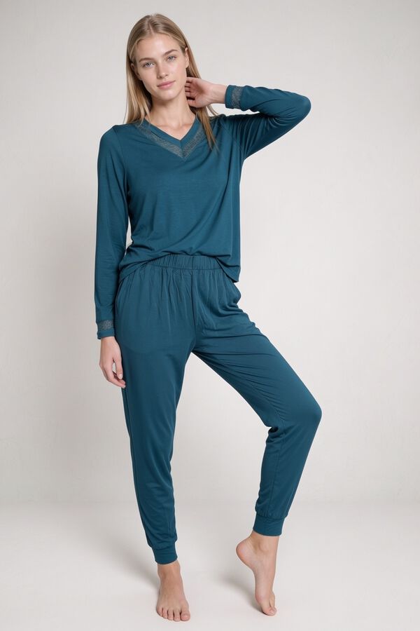 Gisela Pijama comprido com detalhes de renda azul