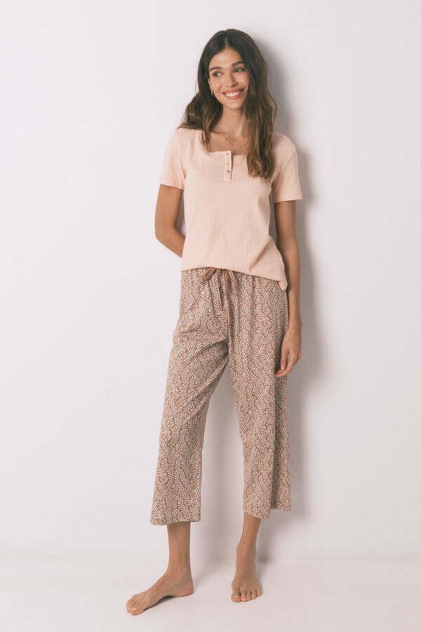 Women'secret Pijama capri em algod&atilde;o estampado rosa e amarelo vermelho